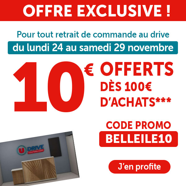 Offre exclusive Courses U : 10€ offerts dès 100€ d'achats pour un retrait de commande au Drive du lundi 24 au samedi 29 novembre. Code promo : BELLEILE10