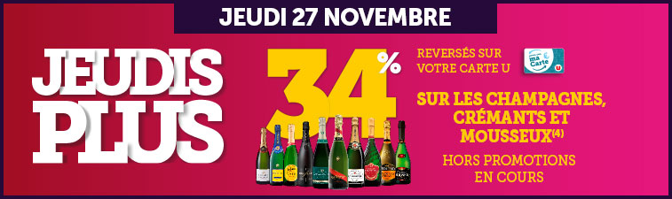 34% en € Carte U sur les champagnes, crémants et mousseux