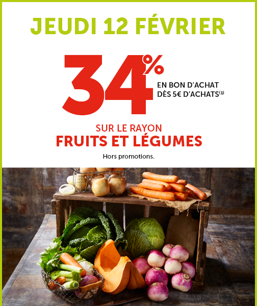 34% en bon d'achat dès 5€ d'achats sur le rayon fruits et légumes