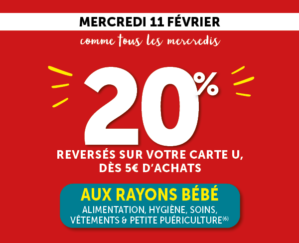 20% reversé sur votre Carte U dès 5€ d'achats au bébé