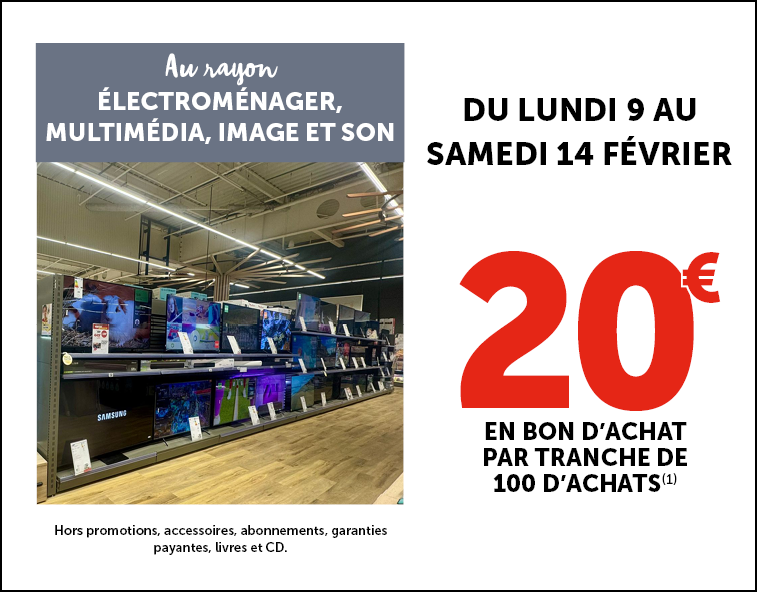 Au rayon électroménager, multimédia, image et son 20€ en bon d'achat par tranche de 100€ d'achats*