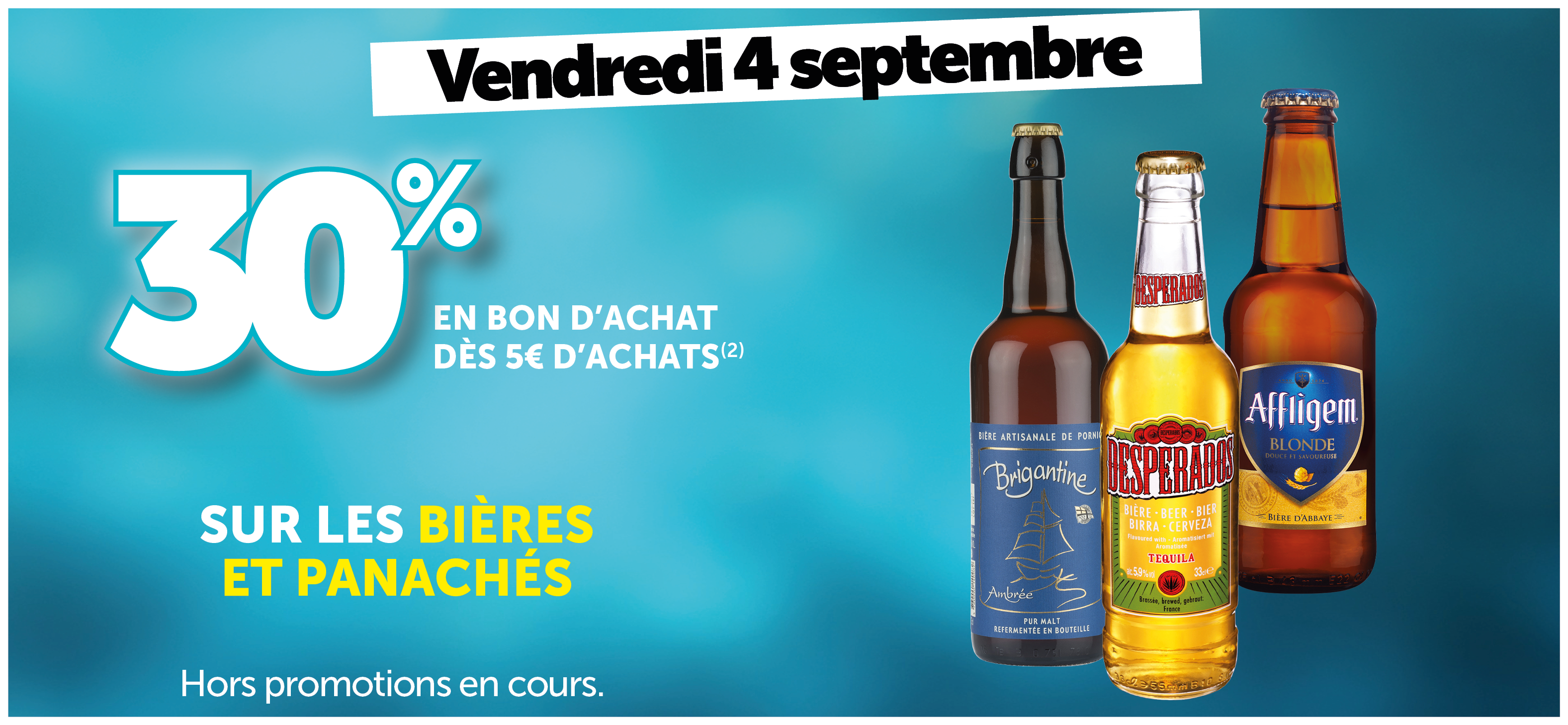 30% en bon d'achat dès 5€ d'achats sur les bières et panachés
