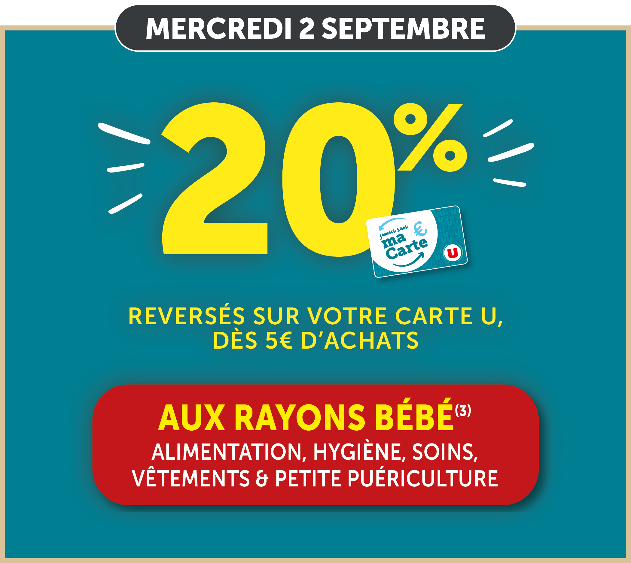 20% reversés sur votre Carte U dès 5€ d'achat aux rayons bébé