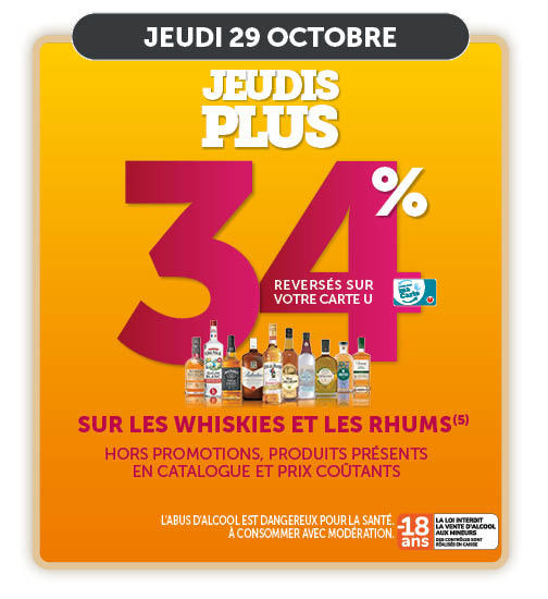 34% reversés sur votre carte U sur les whiskies et les rhums