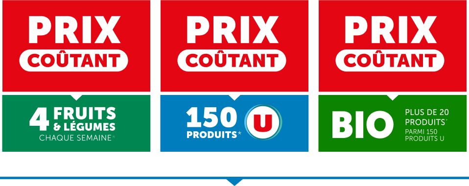 Retrouvez nos prix coûtants sur 4 fruits et légumes chaque semaine, 150 produits du quotidien dont plus de 20 produits U bio