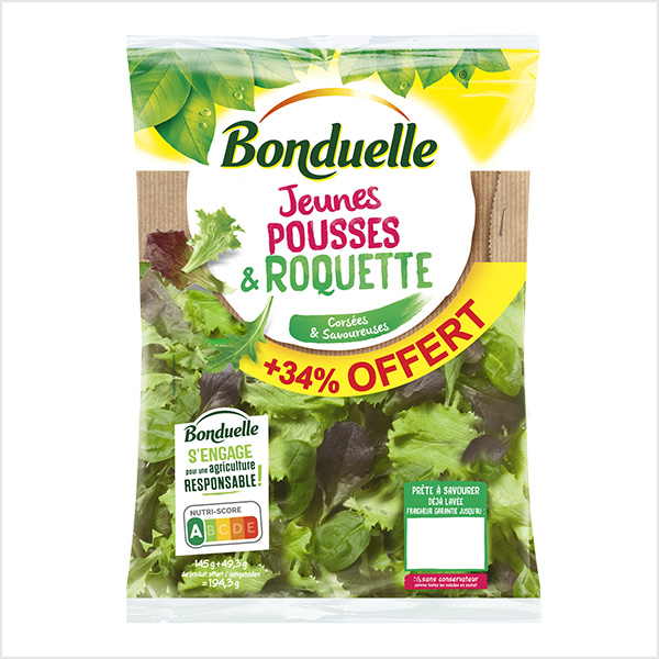 Sachet de salade jeunes pousses et roquette  (145gr + 34% offert)