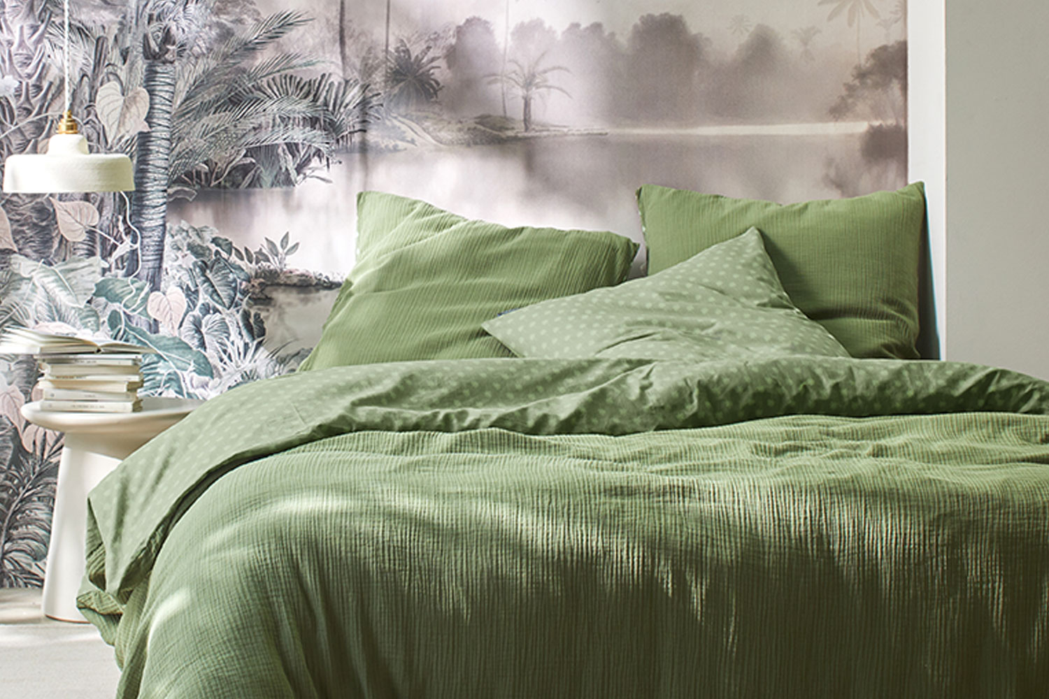 Parure housse de couette Gaze 240 x 220 cm |  260 x 240 cm + 2 taies d’oreiller 63 x 63 cm 100%coton (1 face gaze de coton/1 face percale de coton)