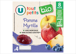 PETITS POTS BEBE DESSERT POMME MYRTILLE AVEC MORCEAUX 8MOIS U TOUT PETITS BIO - Les 4 pots de 100G