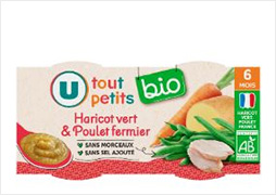 U tout petits - repas haricots verts-poulet dès 6 mois - packs de 2 bols (400g) 